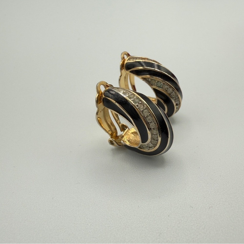 Nina Ricci Signed Elegant Black and Gold Rhinestone Encrusted Clip On Earrings